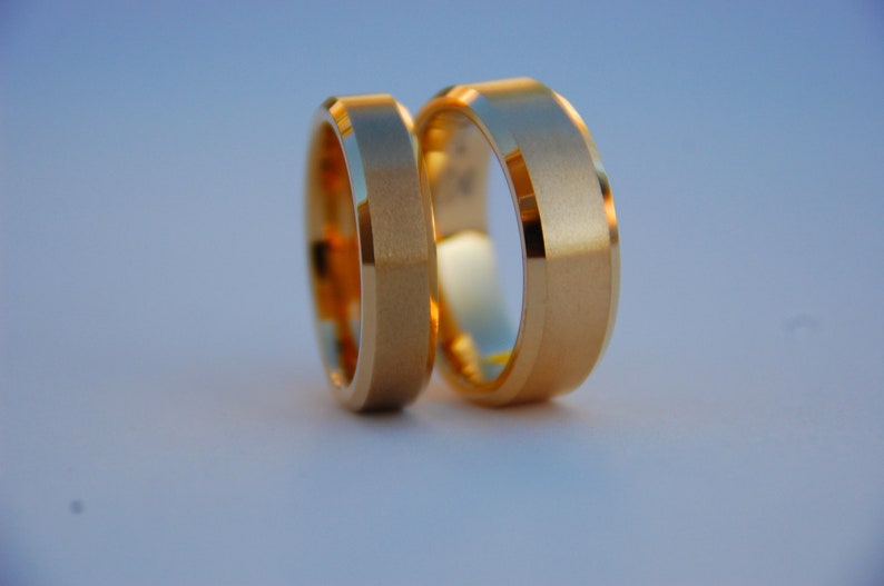 Tungsten couple Wedding band,Tungsten Gold IP plated brushed center and shiny beveled Ring,FREE ENGRAVING His /& Her Matching Engagement ring