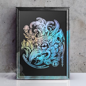 May include: A framed print of a colorful, detailed illustration of a mythical creature with a bird-like head and a wave behind it. The creature has a large, round eye and a beak-like mouth. The print is framed in black and has a white mat.