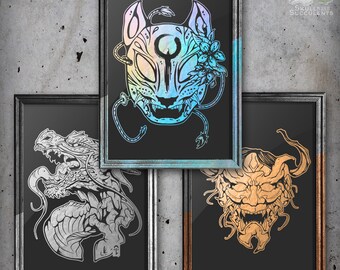 Dragon - Kitsune - Oni Mask Foil Art Print Japanese Set of 3