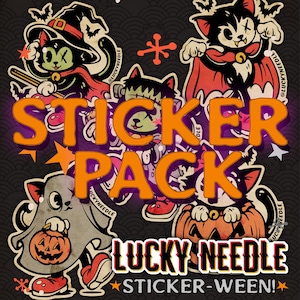 May include: A sticker pack featuring cartoon cats dressed in Halloween costumes including a witch, a vampire, a Frankenstein monster, a ghost, and a pumpkin. The text reads STICKER PACK, LUCKY NEEDLE, and STICKER-WEEN! in orange and white lettering.