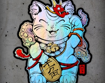 May include: A blue and iridescent lucky cat figurine with a red demon mask on its head. The cat is holding a gold coin with the Japanese character for "fortune" written on it. The cat is surrounded by octopus tentacles and bells.