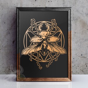 May include: A gold metallic print of a stag beetle with intricate wings, set against a black background. The beetle is surrounded by a geometric design.