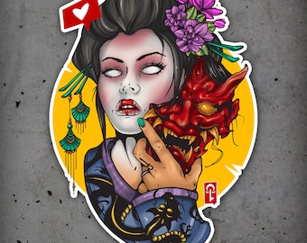 Geisha & Oni Mask Full Color Sticker - Weather-Resistant Vinyl Decal