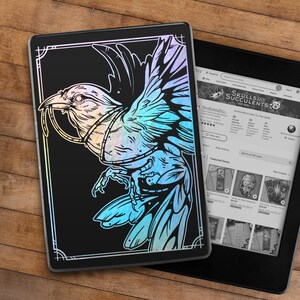 May include: A black and white illustration of a bird with iridescent blue and green wings. The bird is wearing a harness and has a ring around its neck. The illustration is on a black background with a silver frame.
