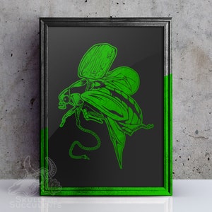 May include: A framed print of a green beetle with wings outstretched. The beetle is outlined in black against a black background.