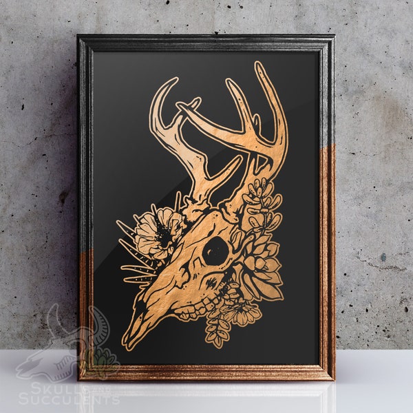 Deer Skull and Succulents Foil Art Print