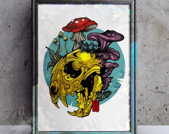 Mushroom Cat Skull Holographic Art Print