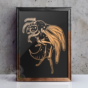 May include: A gold foil print of a wasp on a black background. The wasp is depicted in a detailed, realistic style with its wings spread out.