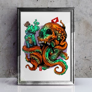 May include: A colorful illustration of a skull with an octopus tentacle wrapped around it. The skull is orange and green, and the tentacle is green and orange. The skull is holding a bottle with a green liquid and a red heart.