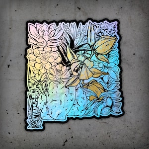 May include: A colorful sticker featuring a black and white illustration of various plants and flowers. The sticker has a holographic finish that shifts colors from yellow to blue.