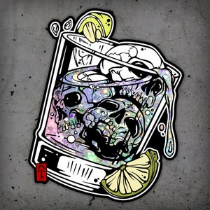 May include: A black and white illustration of a glass filled with skulls and a lemon wedge. The glass is filled with a glittery liquid and the skulls are arranged in a chaotic manner. The image has a vintage, gothic aesthetic.