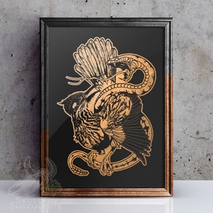 May include: A black and gold framed print of a bird with a snake wrapped around it. The bird is in a fighting pose with its wings spread out. The snake is coiled around the bird's body and head. The print is on a black background.