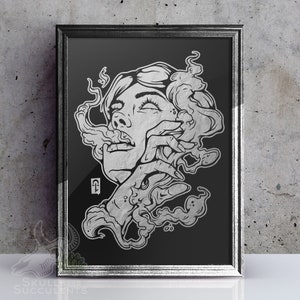 May include: A black and white illustration of a woman's face with smoke swirling around her head. The woman's eyes are closed and her mouth is slightly open. The smoke is stylized and looks like wisps of clouds.