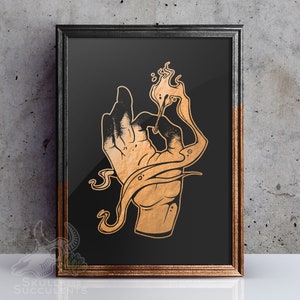 May include: A gold-colored hand with a matchstick burning in its fingers, surrounded by swirling smoke on a black background.
