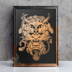 May include: A gold-colored illustration of a mythical creature with a fierce expression, set against a black background. The creature has a detailed design with intricate patterns and a large, open mouth.
