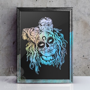 Impresión artística en papel de aluminio con calavera de azúcar del Día de los Muertos