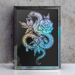 May include: A black and white illustration of a snake wrapped around a rose. The snake and rose are outlined in a rainbow gradient.