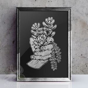 May include: A black and white illustration of a hand holding a bouquet of succulents. The succulents are drawn in a detailed style, with each leaf and stem clearly visible. The hand is also drawn in a realistic style, with the fingers and palm clearly defined.