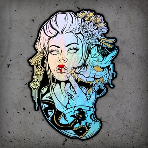 May include: A colorful illustration of a woman with a traditional Japanese hairstyle and floral hair ornament. Her face is partially obscured by a blue and gold oni mask. The image is rendered in a vibrant, iridescent style.