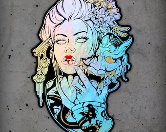 Geisha & Oni Mask Holographic Sticker - Weather-Resistant Vinyl Decal