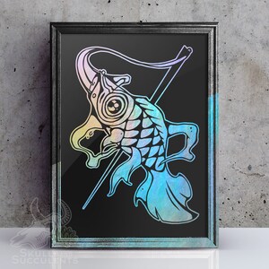 May include: A black framed print of a colorful fish with a long tail and a single eye. The fish is depicted in a stylized, almost abstract way, with a rainbow of colors.