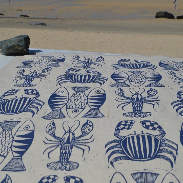 Fish and Friends organic cotton tea-towel featuring lobsters, crabs and fish!