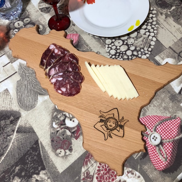 Schneidebrett, Tablettbasis aus Buchenholz mit Sizilien-Form zum Schneiden von Gemüse, Fleisch, Küche, Aperitif, Sizilien