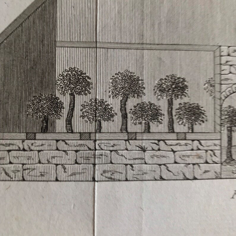 May include: Black and white engraving of a stone wall with a row of trees in front of it. The trees are stylised and have a rounded shape. The wall is made of rough stones and has a textured surface.