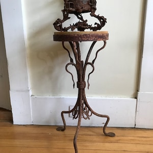 Antique French Garden Table Iron Rust Marble Faux Bois Industrial Table