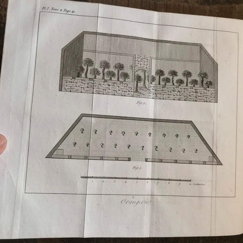 May include: A black and white illustration of a greenhouse with a scale bar showing 9 centimetres. The greenhouse is labelled "Orangerie" and has a text label "Fig. 1." and "Fig. 2."