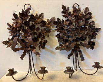 Vintage French Tole Candle Sconces Floral Bows Tinwork Rust Candle Wall Stylized Lighting