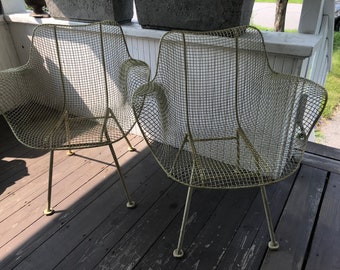 Antique Mid Century Chairs Iron Mesh Woodard Sculptura Arm Chairs Garden Paint