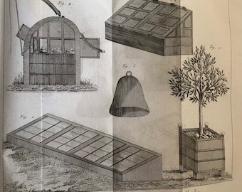 Antique French Garden Print Engraving French Agriculture Print Cloche Glass Box Topiary Garden Tools French Industrial