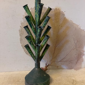 Antique French Tole Tulipiere Faux Bois Topiary Verdigris Flower Arrangement Industrial Garden Flower Pot