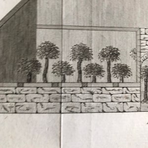 May include: A black and white engraving of a building with a stone wall and a row of trees in front of it.