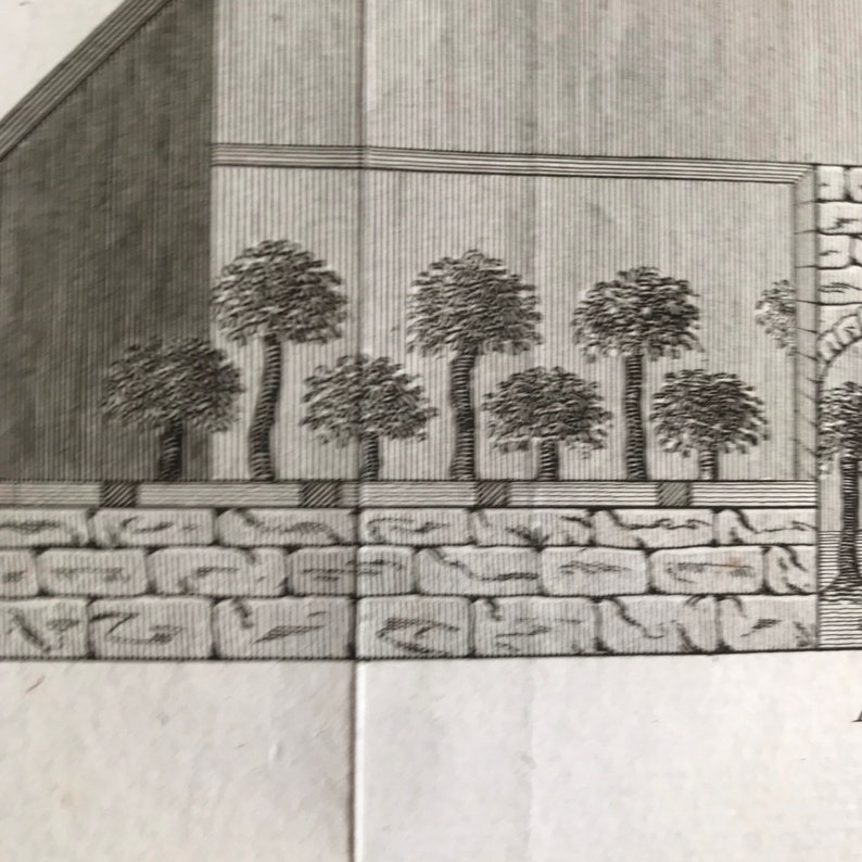 May include: A black and white engraving of a building with a stone wall and a row of trees in front of it.