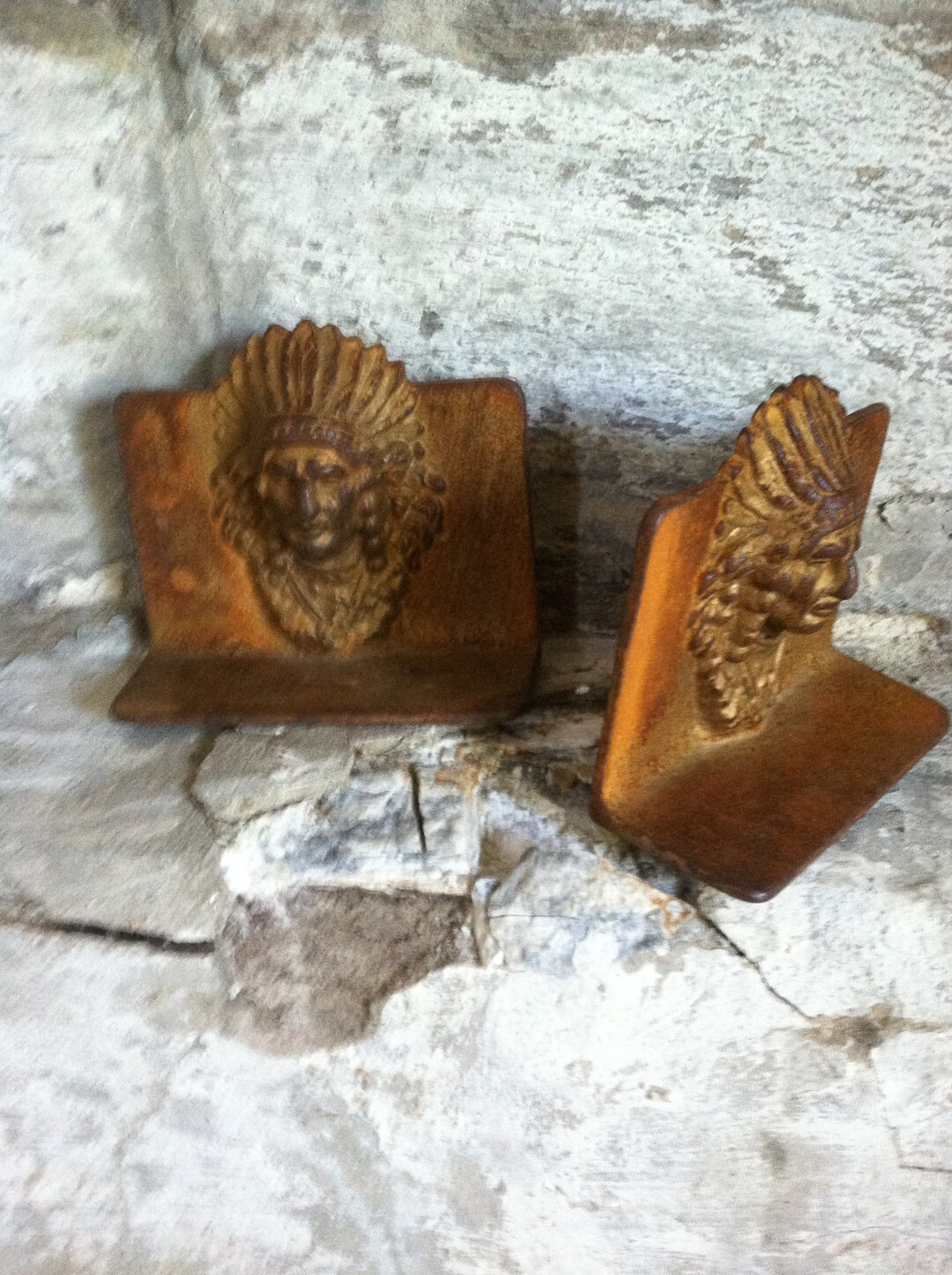 Antique Indian Head Bookends Indian Chief Bookends Rusted Metal Western