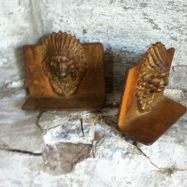 Antique Indian Head Bookends Indian Chief Bookends Rusted Metal Western Tribal