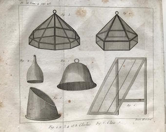 Antique French Garden Print Engraving French Agriculture Print Cloche Glass Box Topiary Garden Tools French Industrial