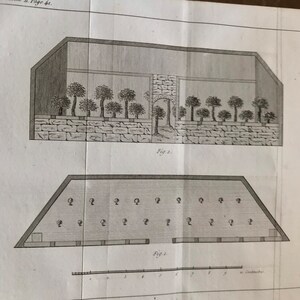 May include: A black and white illustration of a greenhouse with a brick wall and a row of trees. The illustration is labelled "Fig. 2." Below the greenhouse is a diagram of a rectangular structure with a series of holes labelled "Fig. 3."