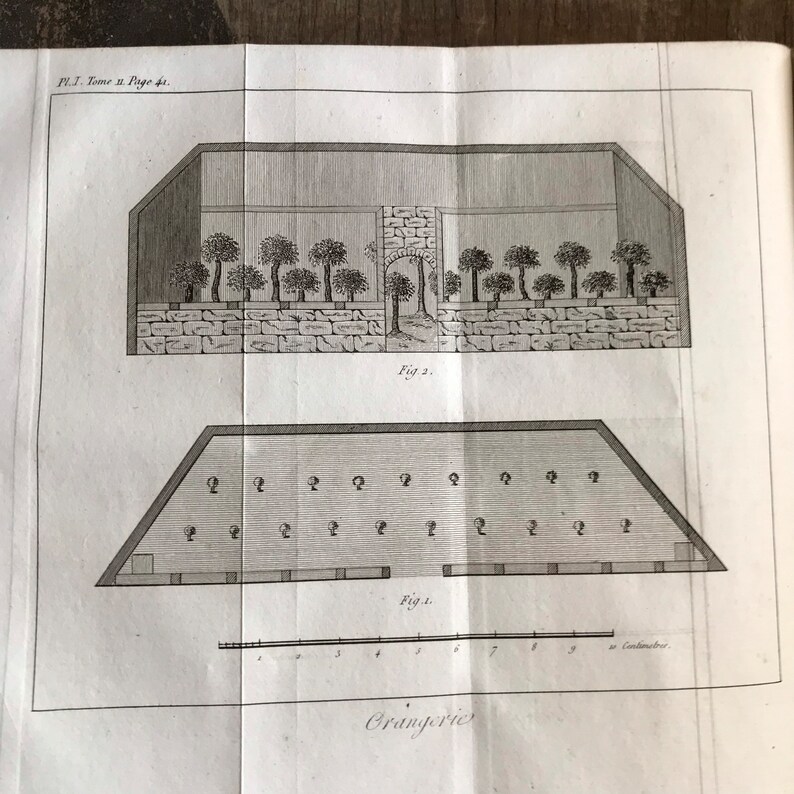May include: A black and white illustration of a greenhouse design. The top image shows a greenhouse with a brick wall and a row of trees. The bottom image shows a plan view of the greenhouse with a scale in centimetres. The text "Crangerie" is printed below the image.