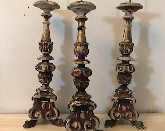 Antique Italian Pricket Candlesticks Altar Polychrome Parcel Gilt Wood Gesso Garden Architectural