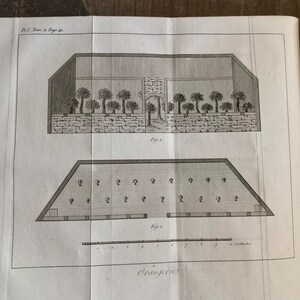 May include: A black and white illustration of a greenhouse with a stone wall and a row of trees. The illustration is labelled "Fig. 2." Below the greenhouse is a plan view of a greenhouse with a scale in centimetres labelled "Fig. 1." The text "Orangerie" is printed below the plan view.