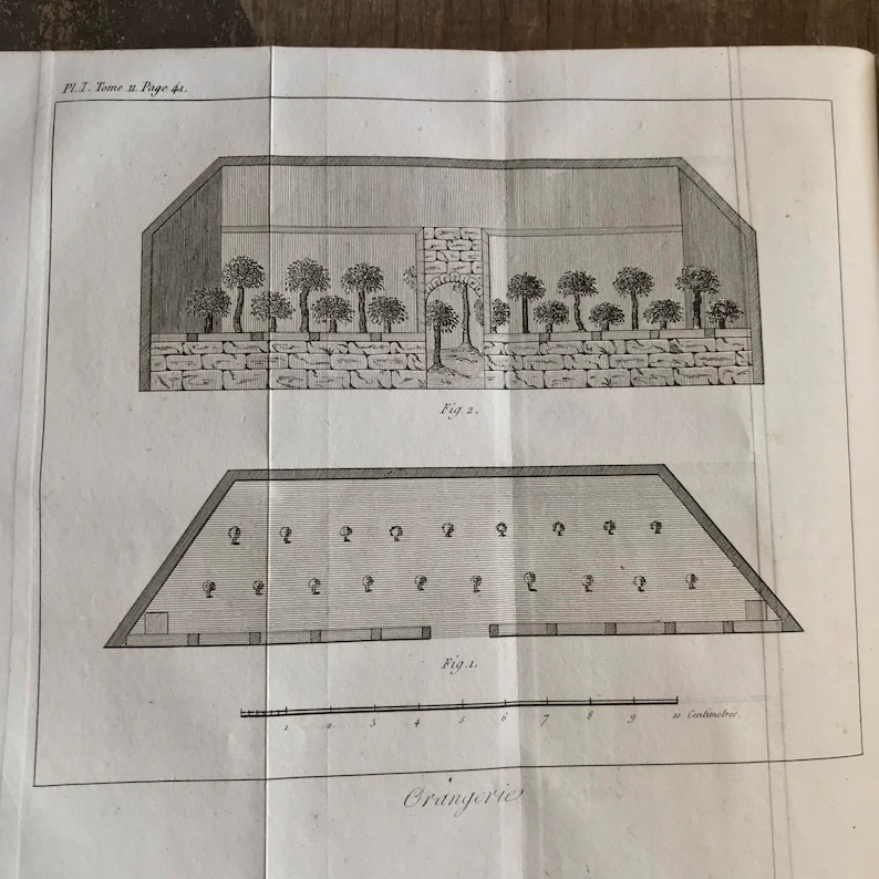 May include: A black and white illustration of a greenhouse with a stone wall and a row of trees. The illustration is labelled "Fig. 2." Below the greenhouse is a plan view of a greenhouse with a scale in centimetres labelled "Fig. 1." The text "Orangerie" is printed below the plan view.