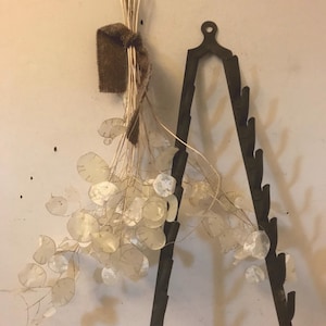 May include: A metal rack with a triangular shape and multiple hooks hangs on a wall. A bunch of dried, white, papery flowers with thin stems hangs in front of the rack.