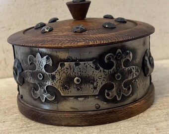 Antique French Gothic Wood Box Pewter Studded Metal Covered Treen Box Turned
