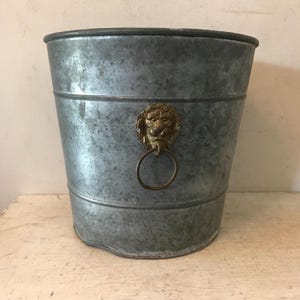 May include: A galvanized metal bucket with a brass lion's head handle. The bucket has a slightly tapered shape and a dark rim. The brass handle is attached to the bucket with a ring.