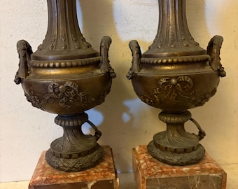 Antique French Neoclassical Garniture Urns Rouge Marble Brass Foliate Garden