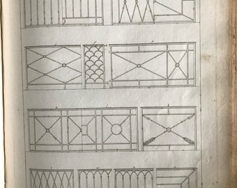 Könnte beinhalten: Eine Vintage-Illustration verschiedener Balkondesigns. Das Bild zeigt verschiedene Stile der Eisenarbeiten, darunter geometrische Muster, Bögen und dekorative Elemente. Der Titel "SERRURERIE" und "balcons de divers genres" ist oben im Bild sichtbar.