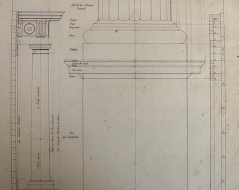 Könnte beinhalten: Ein schwarz-weißer Architektur-Druck mit dem Titel PIEDESTAL ET BASE DE L'ORDRE DORIQUE. Er zeigt detaillierte Strichzeichnungen einer dorischen Säule, eines Sockels und einer Basis mit technischen Anmerkungen und Maßstäben.